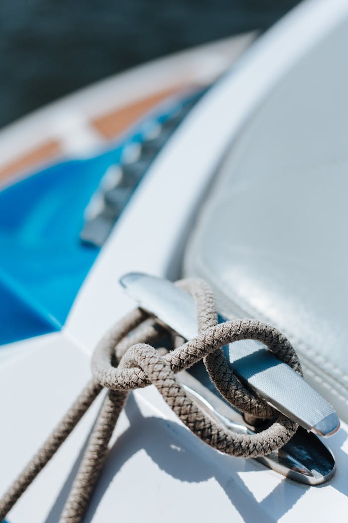 Detailed view of a nautical rope knot securing a boat cleat outdoors in sunlight.